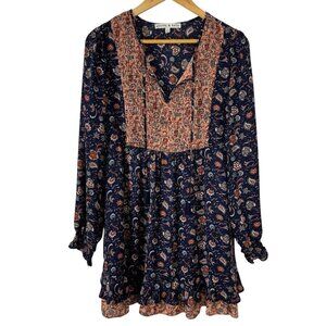 Allison & Kelly Floral Boho Mini Dress Tunic Lrg Navy Peach Cottagecore Prairie